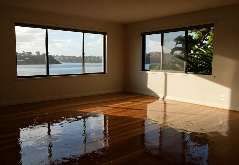 Flooded living room in North Curl Curl before restoration